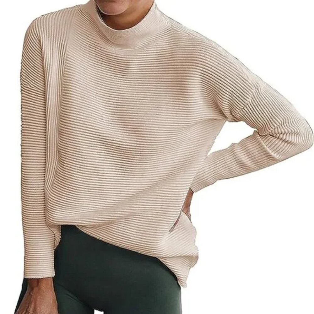 BTFBM Womens L Mock Neck Ribbed Sweater Cream Beige Drop Sleeve Quiet Luxury